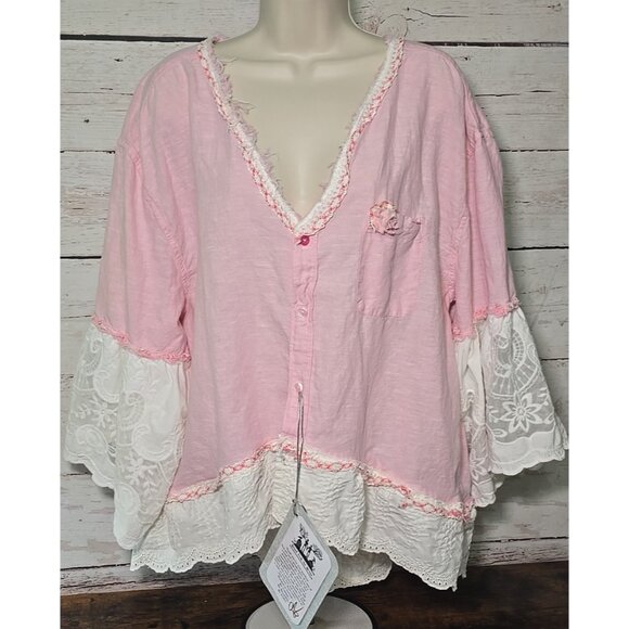OOAK Magnolia Boho Tunic Upcycle Shacket Cover Up Cotton Linen Blend Pink Sz XL - Picture 2 of 16